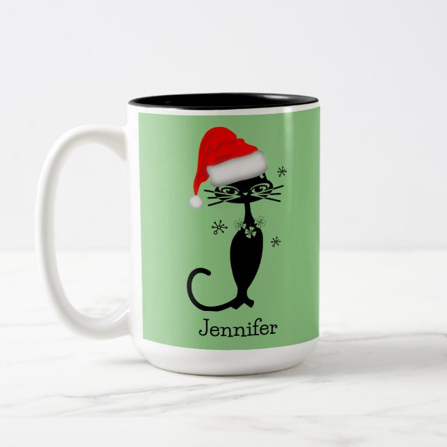 Tasse 2 Couleurs Chat de Noël Rétro Vert à Long Cou (Gauche)