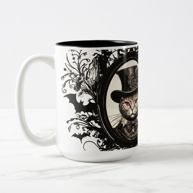 Tasse 2 Couleurs Chat d'Halloween, Chat Vampire, crocs (Gauche)