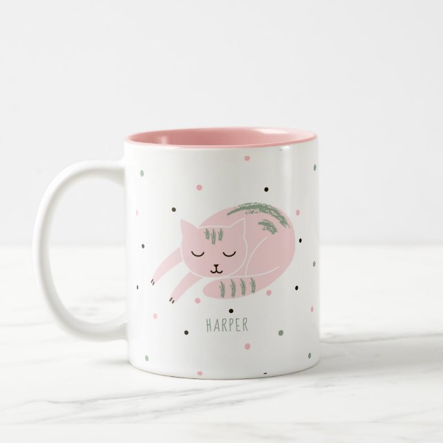 Tasse 2 Couleurs Chat dormant rose personnalisé (Gauche)