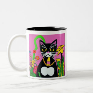 Tasse 2 Couleurs Chat en Tuxedo noir et blanc avec fleurs
