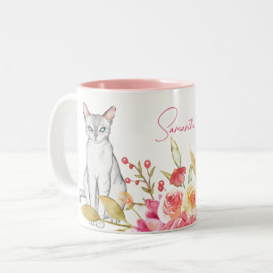 Tasse 2 Couleurs Chat et fleurs Personnalisé rose et blanc