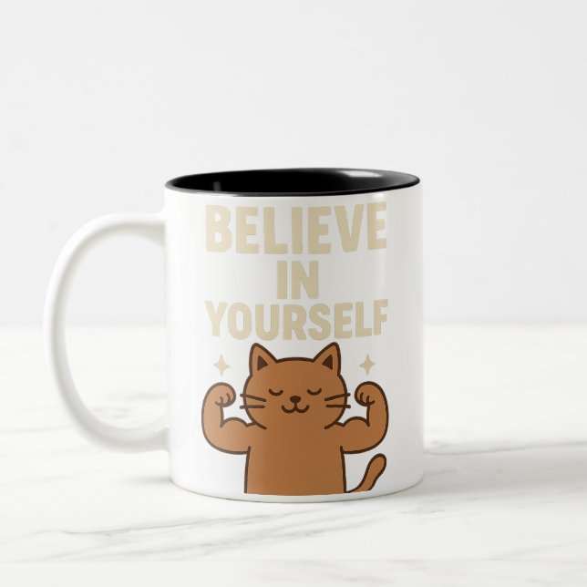 Tasse 2 Couleurs Chat Flexing Motivationnel - "Croyez en vous-même" (Gauche)