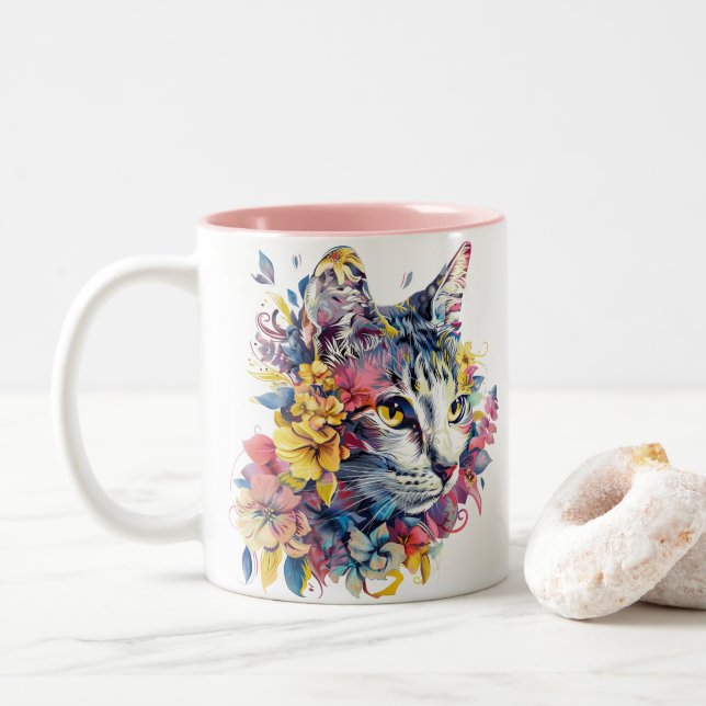 Tasse 2 Couleurs Chat floral (Avec donut)