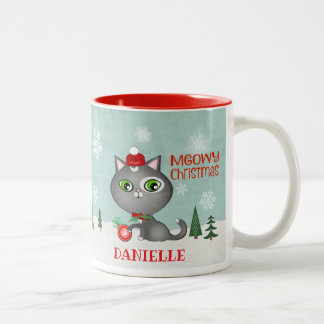 Tasse 2 Couleurs Chat gris Hipster de Noël personnalisé