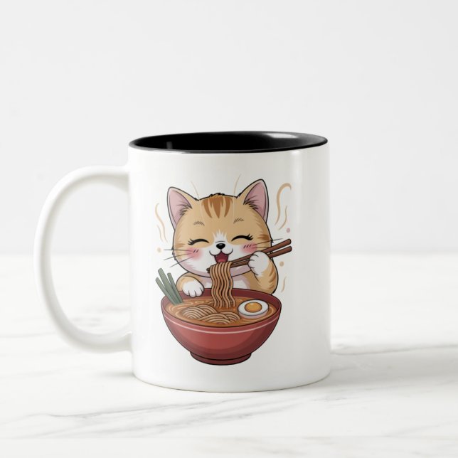 Tasse 2 Couleurs Chat Kawaii Mangeant des Ramen (Gauche)