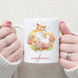Tasse 2 Couleurs Chat Kitty chéri avec tulipes roses Personnalisé