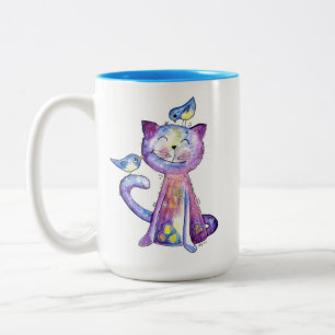 Tasse 2 Couleurs Chat mignon blanc violet avec oiseaux