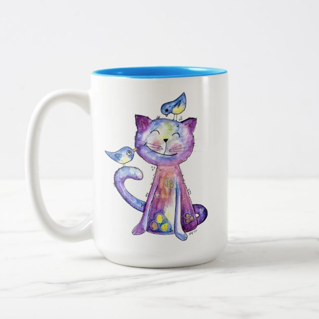 Tasse 2 Couleurs Chat mignon blanc violet avec oiseaux (Gauche)