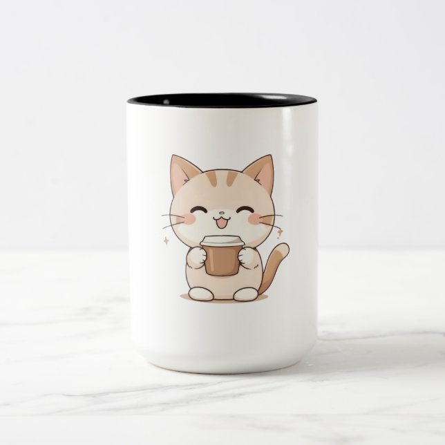 Tasse 2 Couleurs Chat Mignon Buvant du Café Design Kawaii (Centre)