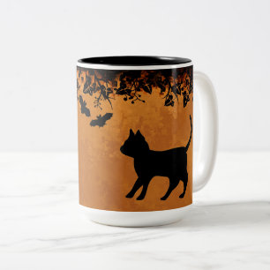 Tasse 2 Couleurs Chat noir avec chauve-souris, Happy Halloween