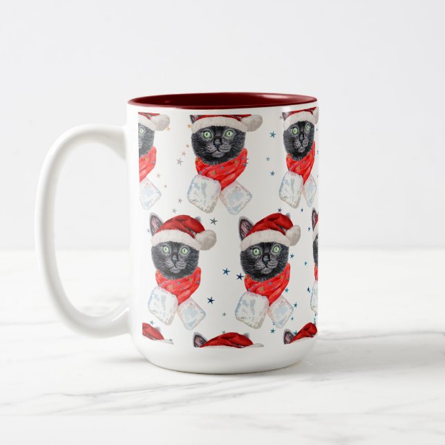 Tasse 2 Couleurs Chat noir de Noël avec écharpe rouge (Gauche)