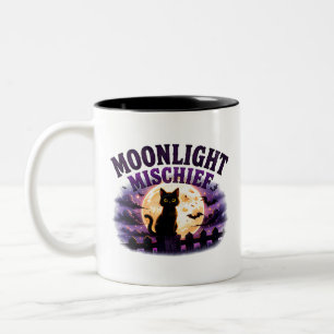 Tasse 2 Couleurs 🐈‍⬛ Chat noir d'Halloween au clair de lune 🌕