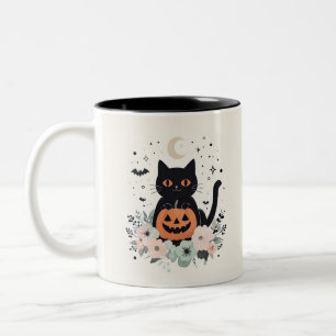 Tasse 2 Couleurs Chat noir d'Halloween, Lune et Citrouille
