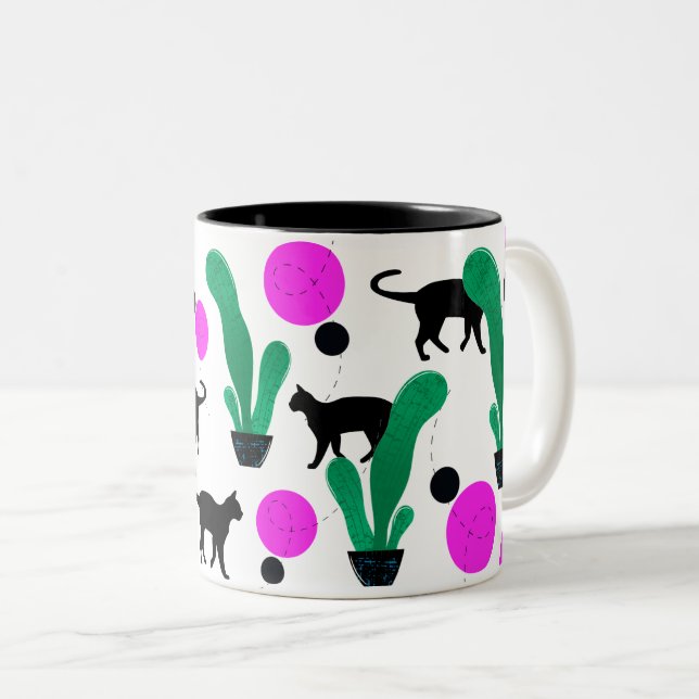 Tasse 2 Couleurs Chat noir et Motif de cactus tendance (Devant droit)