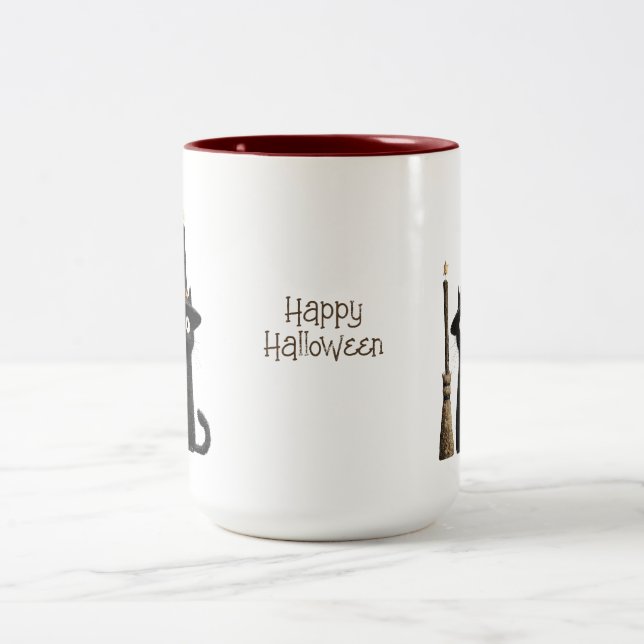 Tasse 2 Couleurs Chat noir fantaisiste Joyeux Halloween (Centre)