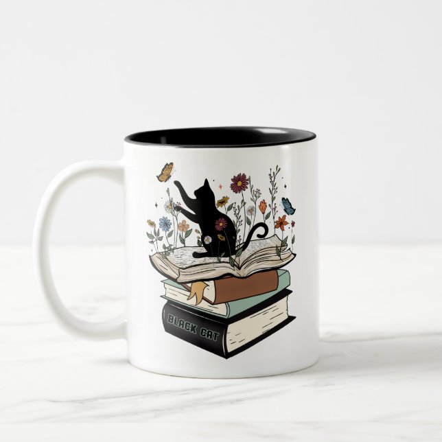 Tasse 2 Couleurs Chat noir sur le livre Chat drôle (Gauche)