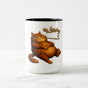 Tasse 2 Couleurs Chat orange gras vintage fumant un tuyau de pipe A