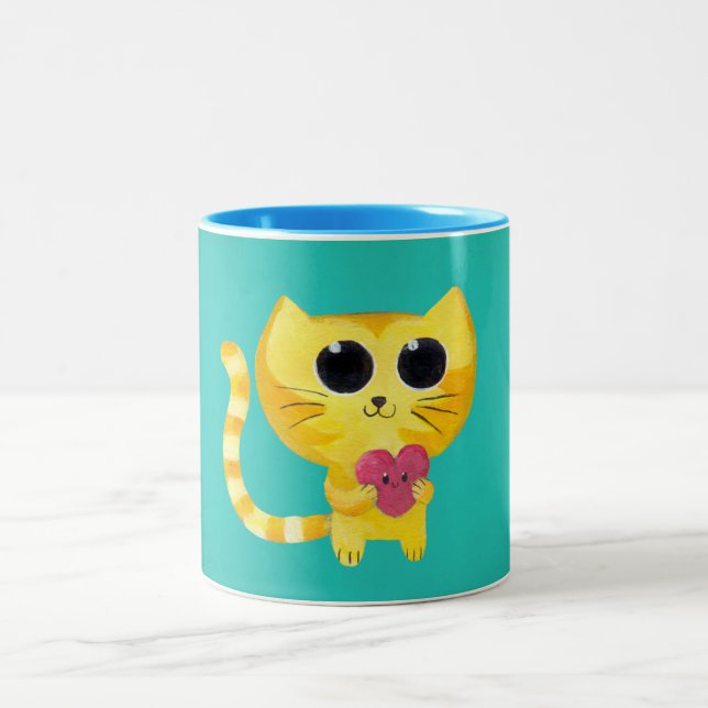 Tasse 2 Couleurs Chat romantique mignon avec le coeur de sourire (Centre)