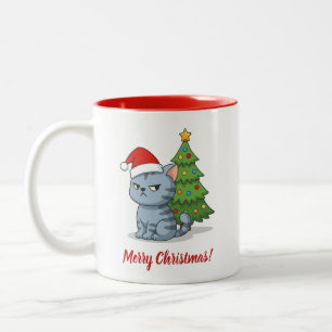 Tasse 2 Couleurs Chat tabby gris grincheux avec chapeau de Noël rou