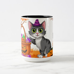 Tasse 2 Couleurs Chat Tigré Avec Citrouille Remplie De Bonbons 🎃
