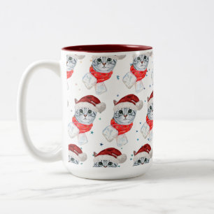Tasse 2 Couleurs Chat tigré de Noël avec écharpe rouge pour amateur