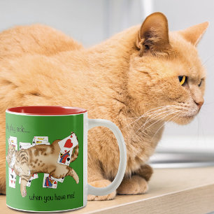 Tasse 2 Couleurs Chat tigré orange drôle jouant aux cartes de solit