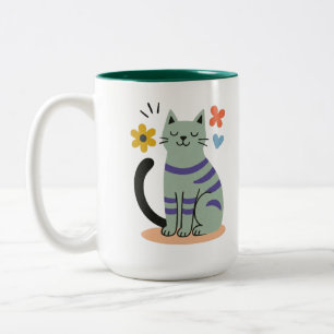 Tasse 2 Couleurs Chat Vert Sauge Bohème Floral Art Milieu de Siècle