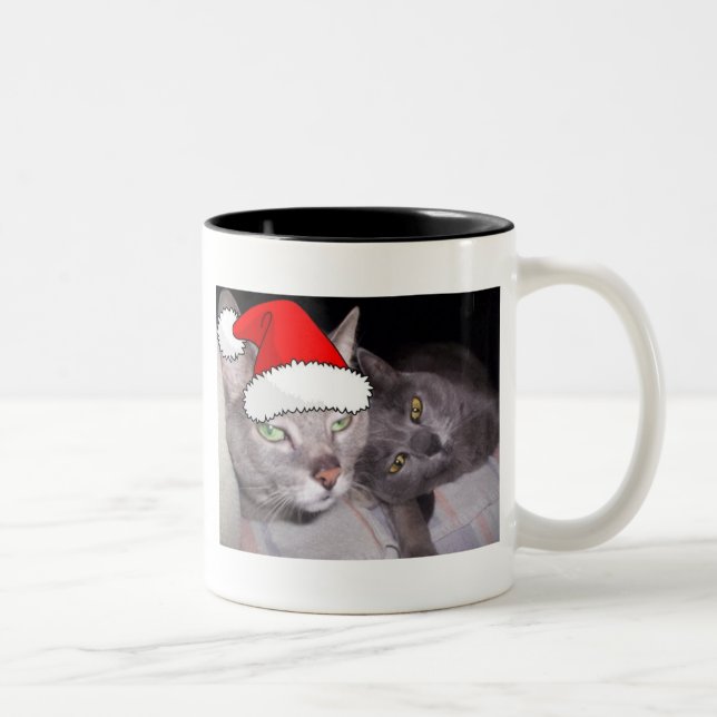 Tasse 2 Couleurs Chats gris bleu russe de Noël (Droit)