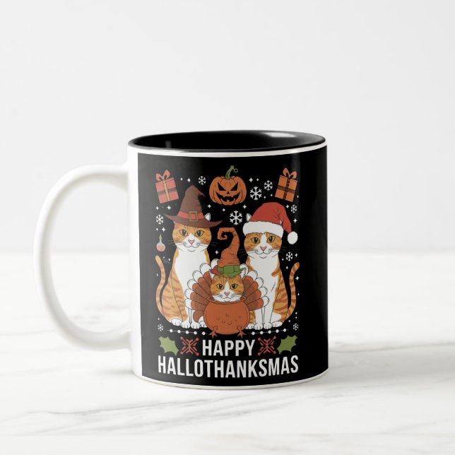 Tasse 2 Couleurs Chats Joyeux Hallothanksmas Halloween Noël  (Gauche)