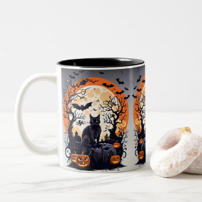 Tasse 2 Couleurs Chats noirs et une lune nocturne Halloween mystiqu (Avec donut)