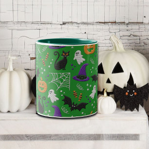 Tasse 2 Couleurs Chats noirs Fantômes chauves-souris Motif vert Hal