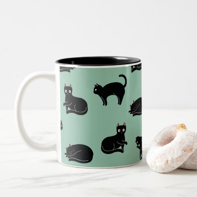 Tasse 2 Couleurs Chats noirs Motif sans couture (Avec donut)