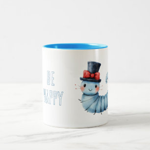 Tasse 2 Couleurs Chenille Bleue Chapeau Noir Nœud Rouge