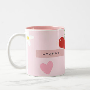 Tasse 2 Couleurs Cherry, Motif de coeur rose, marguerite et cerise 