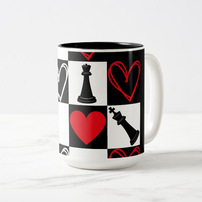 Tasse 2 Couleurs Chessboard Heart Valentines Day B&W (Devant droit)