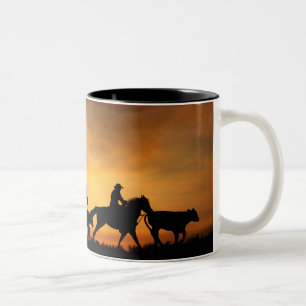 Tasse 2 Couleurs Chevaux Cowboys et Steer Country Western robuste