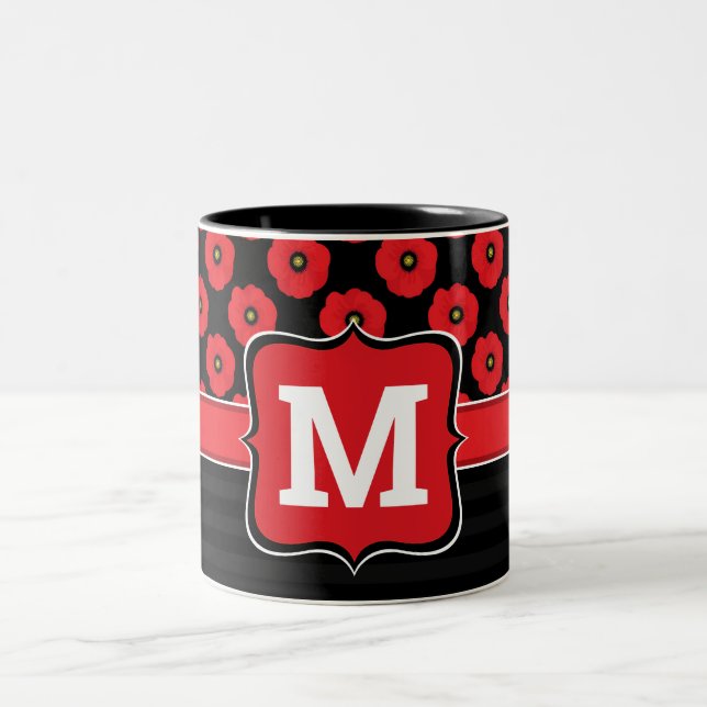 Tasse 2 Couleurs Chic Démodé Coquelicots Rouges et Noirs Monogramme (Centre)