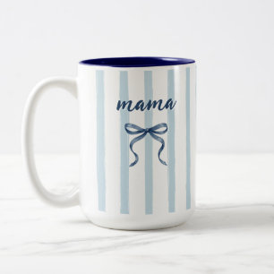 Tasse 2 Couleurs Chic Dusty Blue Aquarelle Rayures et Nœud Maman