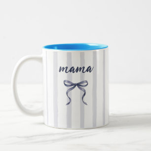 Tasse 2 Couleurs Chic Dusty Blue Aquarelle Rayures et Nœud Maman