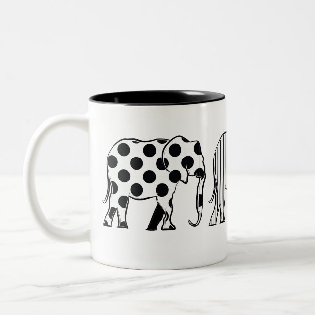 Tasse 2 Couleurs Chic, Eléphants Motif, Noir et Blanc (Gauche)