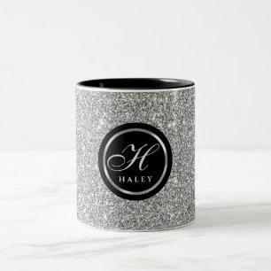 Tasse 2 Couleurs Chic Luxueux Gris Argent Paillettes Monogramme Ini