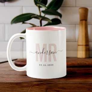 Tasse 2 Couleurs Chic New MR Nom personnalisé Mariage Date Blush