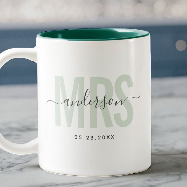 Tasse 2 Couleurs Chic Nouveau Nom Personnalisé Date de Mariage Vert (Créateur téléchargé)