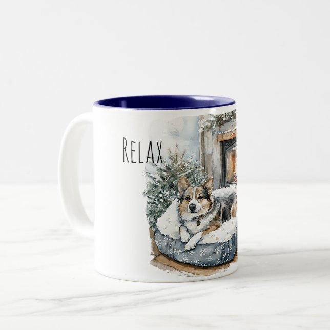 Tasse 2 Couleurs Chien Confortable Cheminée Détente (Devant gauche)