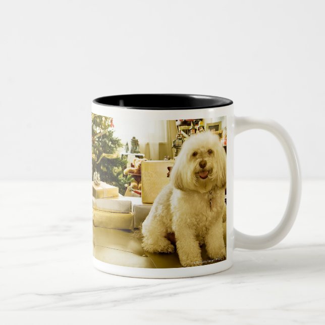Tasse 2 Couleurs chien posant devant l'arbre de Noël (Droit)