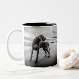 Tasse 2 Couleurs Chien sur la plage Photo Noir & Blanc avec collier