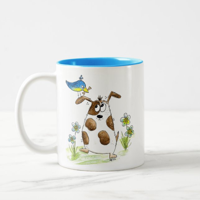 Tasse 2 Couleurs Chien tacheté avec un oiseau (Gauche)