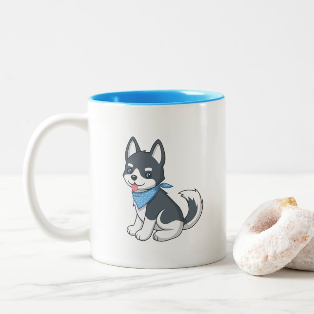 Tasse 2 Couleurs Chiot Husky de dessin animé mignon (Avec donut)