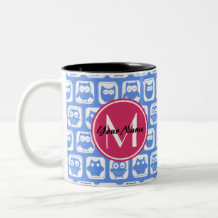 Tasse 2 Couleurs Chouette bleue Motif rose Personnalisé Monogramme