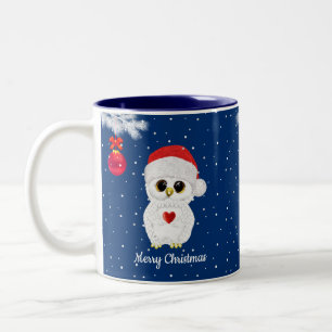 Tasse 2 Couleurs Chouette de Noël blanche sur fond bleu